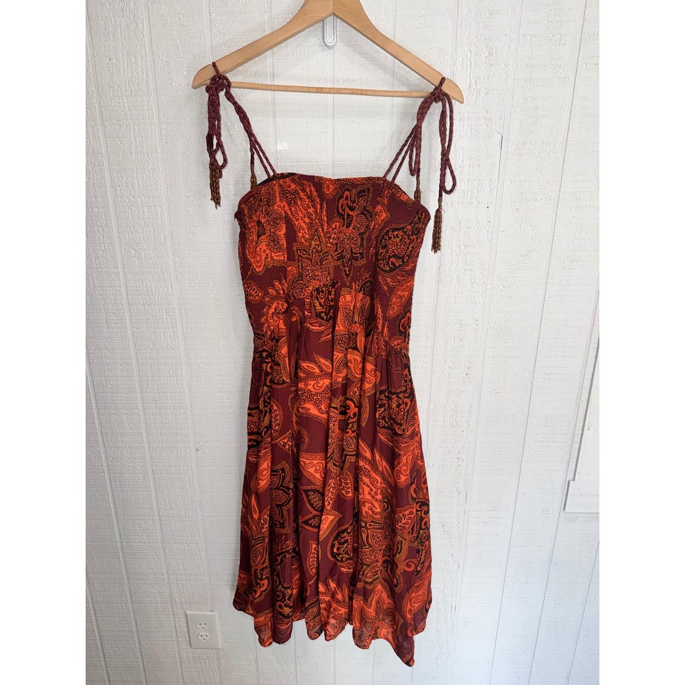 FARM Rio for Anthropologie Midi Dress Orange Paisley Beaded Tassel Smocked M